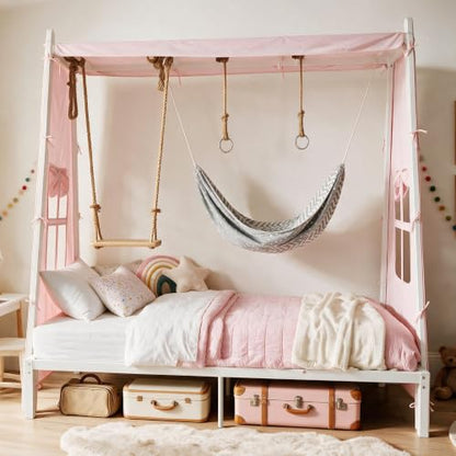 Twin Metal House Bed with Tent, Swing & Hammock, Pink Canopy Bed for Girls, view 4