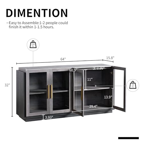 Sideboard Buffet Cabinet with Storage,64" Cabinet with Glass Door, Modern Wood Glass-Buffet Cabinet for Dinning Room,Kitchen, Hallway, and Living Room, Grey & Black
