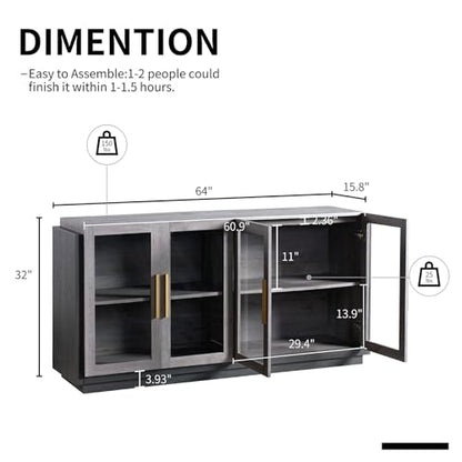 Sideboard Buffet Cabinet with Storage,64" Cabinet with Glass Door, Modern Wood Glass-Buffet Cabinet for Dinning Room,Kitchen, Hallway, and Living Room, Grey & Black