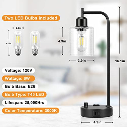 Industrial Table Lamps for Bedrooms Set of 2 - Fully Dimmable Bedside Lamps with USB A and C Ports and Outlet, Black Nightstand Lamps with Glass Shade for Living Room, Desk Lamps for Office Reading