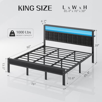 King Bed Frame with Charging Station & LED Lights, view 3