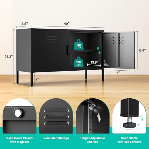 Black Metal Storage Cabinet with Doors and Shelves, view 3