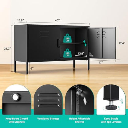 Black Metal Storage Cabinet with Doors and Shelves, view 3