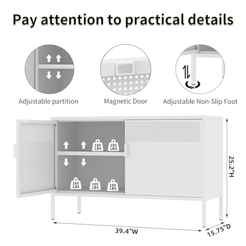 White Metal Storage Cabinet with 2 Doors - 25''H TV Stand, 2 Tier Locker with Adjustable Shelves, Multipurpose TV Cabinet for Office, Home, Living Room, Kitchen