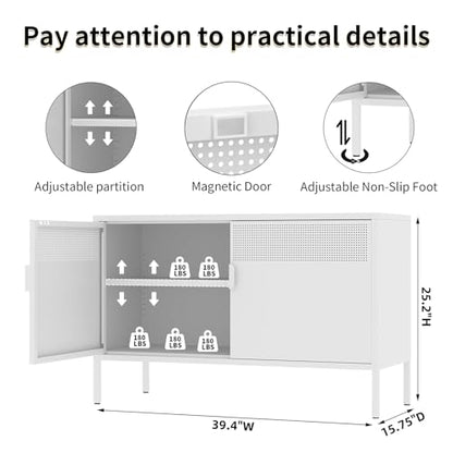 White Metal Storage Cabinet with 2 Doors - 25''H TV Stand, 2 Tier Locker with Adjustable Shelves, Multipurpose TV Cabinet for Office, Home, Living Room, Kitchen