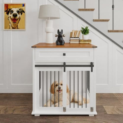 Dog Crate Furniture with Sliding Barn Door & Storage Drawer, End Table, view 2