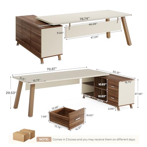 Tribesigns 78.7-Inch Executive Desk, L-Shaped Desk with 55-Inch Cabinet, Large Office Desk with Storage Shelves, Modern Computer Desk for Home Office, White & Walnut