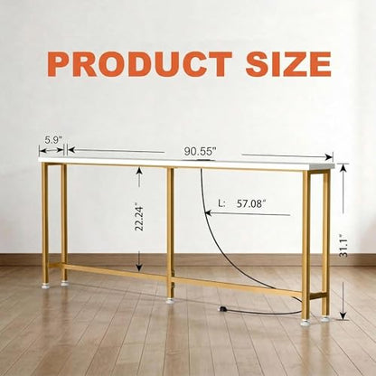 90" Narrow Sofa Table with Outlets (2 AC Outlets & 2 USB Ports), Behind Couch Table with Charging Station, Long Skinny Console Table for Living Room, Entryway and Hallway (White & Gold)