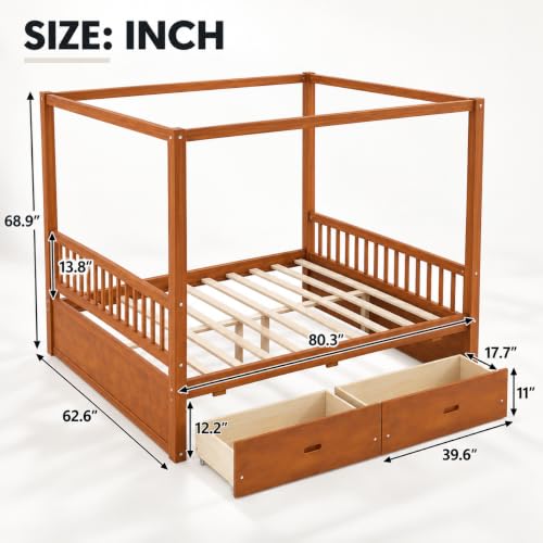 Mid Century Queen Size Wood Canopy Bed Frame, Walnut Posters Platform Beds, view 4