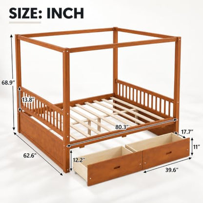 Mid Century Queen Size Wood Canopy Bed Frame, Walnut Posters Platform Beds, view 4