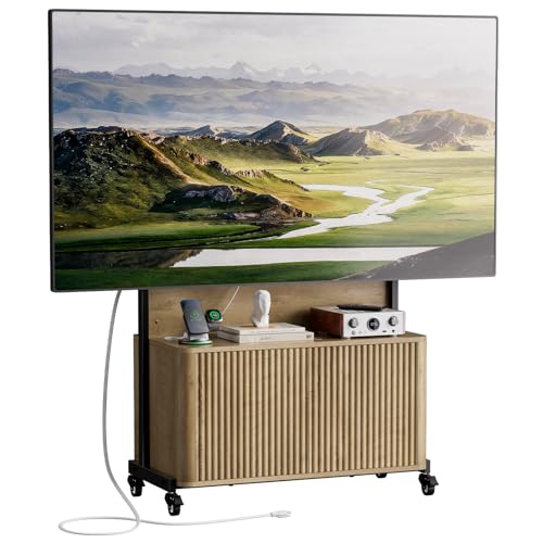 Rolling TV Stand with Mount for 32-75 Inch, Wood, view 2
