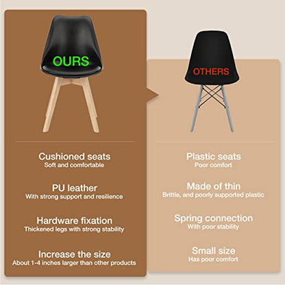 Set of 4 Dining Kitchen Mid-Century Modern Chairs with Wood Legs and PU Leather Cushion, Upholstered Seating for Living Room Bedroom Outdoor Lounge, Black