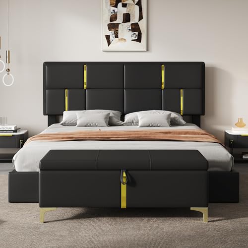 2-Pieces Bedroom Sets, Queen Size PU Upholstered Platform Bed with Hydraulic Storage System, Wood Platform Bed Frame with Metal Legs Storage Ottoman for Kids Teens Adults Bedroom, Black