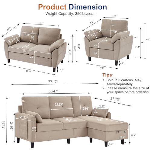4 PCS Living Room Furniture Set, 3 Seat Couch & Loveseat & Armchair with Storage Ottoman, Modern Couch Set with Side Pockets, Couches for Living Room (3+2+1 Seat/Beige)