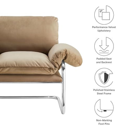Ansel Performance Velvet Accent Chair in Taupe - Stain-Resistant Velvet Lounge Chair for Living Room, Bedroom - Corner Reading Chair with Arms and Removable Cushions