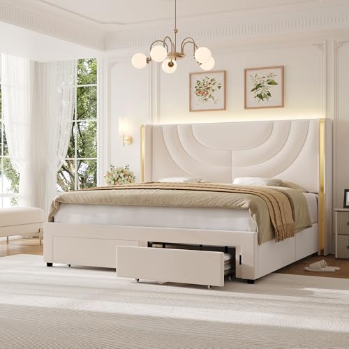 Queen Upholstered LED Bed Frame with 2 Storage Drawers, Velvet Platform Bed with Wingback Headboard, Solid Wooden Slats Support, No Box Spring Needed, Headboard Splicing Design, Beige