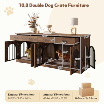 70.8" Large Dog Crate Furniture & TV Stand for 2 Dogs – Double Kennel with 4, view 4