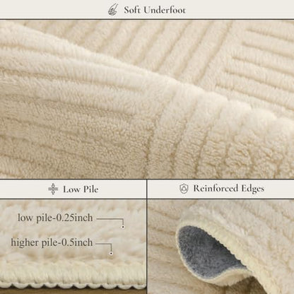 Soft Washable Area Rugs 5x7, 3D Modern Grid Design Rugs for Living Room, High-Low Pile Textured Non Slip Fuzzy Shag Carpet, Non-Shedding Stain Resistant Beige Carpet for Bedroom, Dining Room