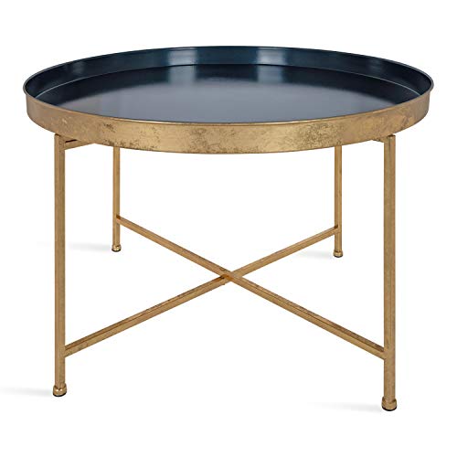 Celia Modern Glam Round Coffee Table, 28.25" x 28.25" x 19", Navy Blue and Gold Leaf, Chic Sophisticated Accent Table