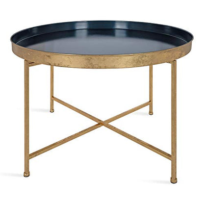 Celia Modern Glam Round Coffee Table, 28.25" x 28.25" x 19", Navy Blue and Gold Leaf, Chic Sophisticated Accent Table