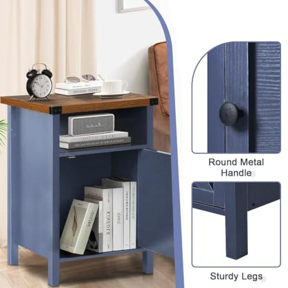 Navy blue farmhouse nightstand with barn door and shelf, view 7
