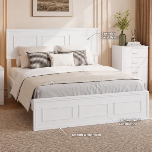White Farmhouse Wood Full Size Bed Frame with Adjustable Headboard, view 6