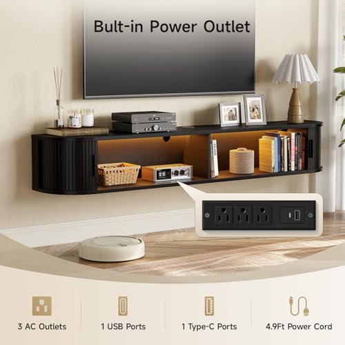 71" Floating TV Stand, Wall Mounted Entertainment Center Black, view 7