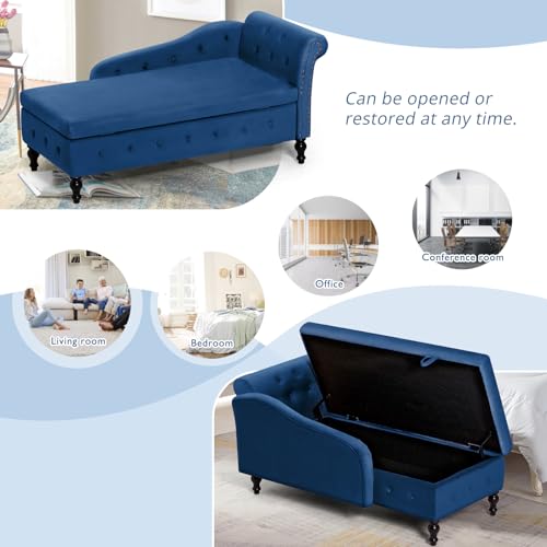 Velvet Chaise Lounge w/Right Armrest & Storage Space, Blue, view 5