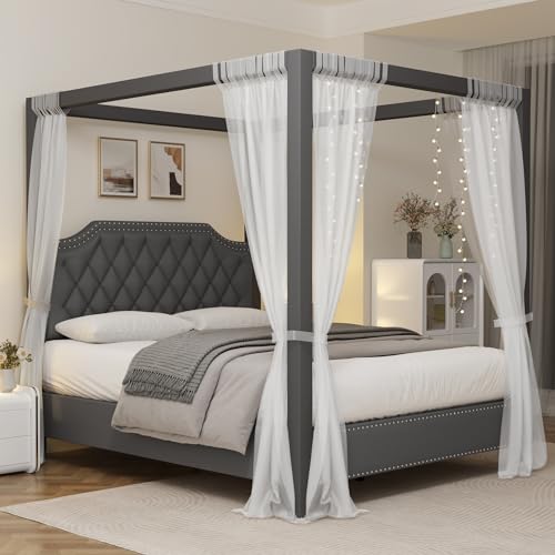 Full Size Canopy Bed Frame with Nailhead Decoration Headboard, view 2