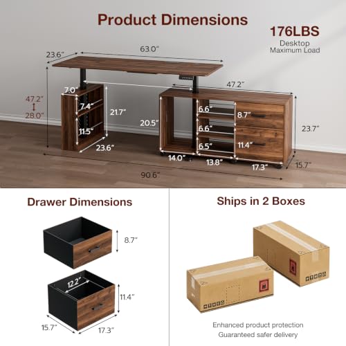 63" Electric L-Shaped Standing Desk with Drawers & Power Outlet, view 3