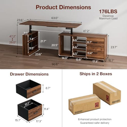 63" Electric L-Shaped Standing Desk with Drawers & Power Outlet, view 3