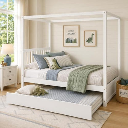 Full Size Canopy Bed with Trundle, Solid Wood Daybed Frame for Kids and Teens, view 4