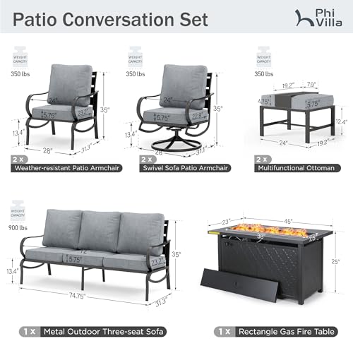 8 PCS Patio Furniture Set with Fire Pit Table,Metal Outdoor Furniture with 1 x 3-Seat Bench Sofa, 2 x Swivel Sofa Chairs, 2 x Leg Chair & 2 x Ottoman, Modern Patio Set, Grey