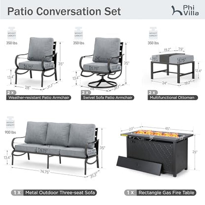 8 PCS Patio Furniture Set with Fire Pit Table,Metal Outdoor Furniture with 1 x 3-Seat Bench Sofa, 2 x Swivel Sofa Chairs, 2 x Leg Chair & 2 x Ottoman, Modern Patio Set, Grey