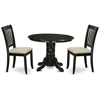 Exclusive SHDA3-BLK-C Kitchen Dining Set: Round Table & 2 Microfiber Seat Chairs. Elegant Black Finish, Rubber Wood Construction. Perfect for Limited Spaces.