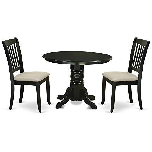 Exclusive SHDA3-BLK-C Kitchen Dining Set: Round Table & 2 Microfiber Seat Chairs. Elegant Black Finish, Rubber Wood Construction. Perfect for Limited Spaces.