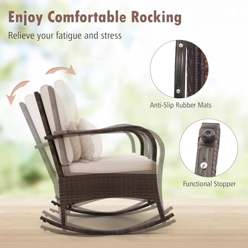 Outdoor Rocking Chairs Set of 2, 3 Piece PE Wicker Patio Bistro Set | Coffee Table & Thick Cushions, Rattan Patio Rocker Furniture for Front Porch Lawn Garden Backyard Deck Poolside (Beige)