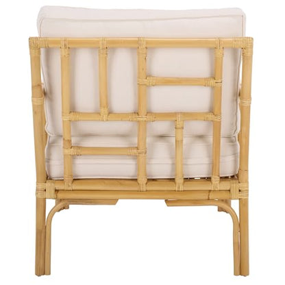 SAFAVIEH Furniture - Kazumi Accent Chair - Coastal Design White Cushion & Natural Rattan - Fully Assembled - Ideal for Living Room, Bedroom, Dining Space, 19.7" Seat Height (ACH6508B)