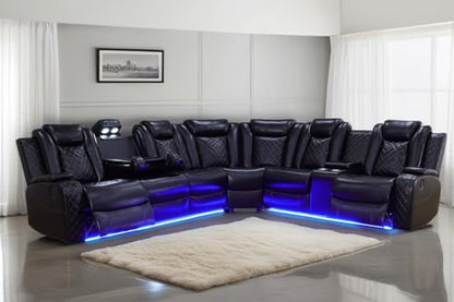 Power Recliner Sectional Sofa Set with LED Light, Leather Reclining Sectional Couches Corner Sectional Sofa Set with 2 Recliner Seats for Living Room with Cup Holder, Storage Console, Black