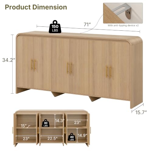 71Inch Modern Sideboard Buffet Cabinet with Large Storage, 6 Doors, Oak, view 3