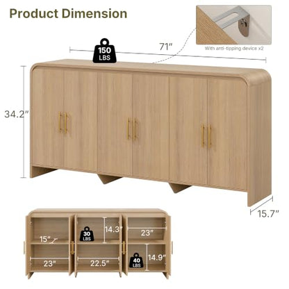 71Inch Modern Sideboard Buffet Cabinet with Large Storage, 6 Doors, Oak, view 3