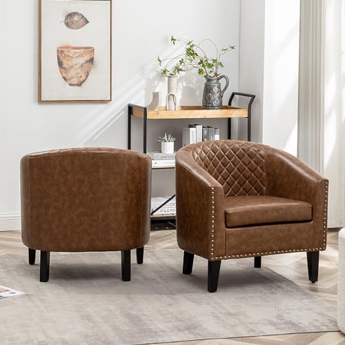 29" W Faux Leather Barrel Chairs Set of 2, Modern PU Upholstered Tufted Club Chairs with Nailhead Trim, Small Armchairs Accent Chairs for Living Room Bedroom Apartment Lounge Nursery, Coffee