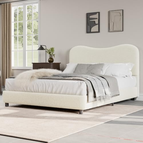 Full Size Bed Frame with Boucle Fabric, Beige, view 5
