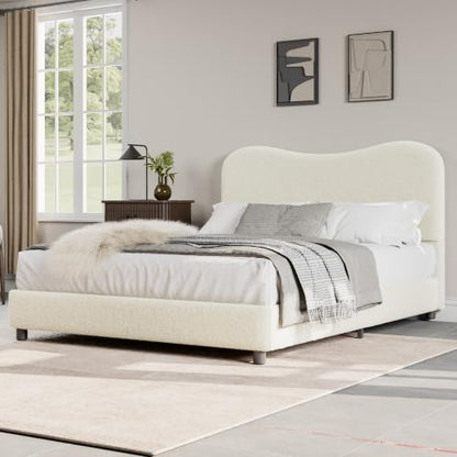 Full Size Bed Frame with Boucle Fabric, Beige, view 5