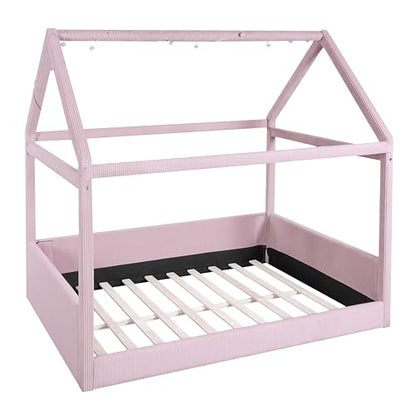 Pink, Full Size Upholstered House Daybed with LED Light Strips