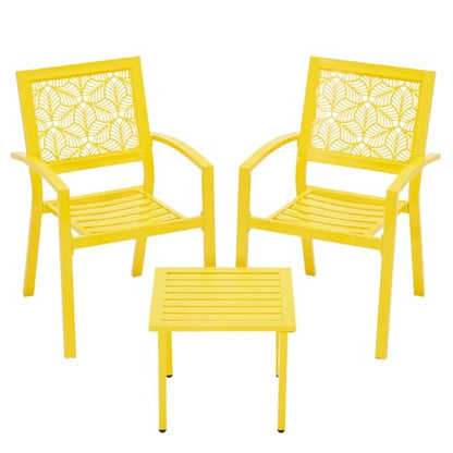 3 Piece Patio Bistro Set, Outdoor Steel Furniture Set, Stackable Modern Conversation Sets for Balcony Garden Deck Patio w/2 Chairs 1 Table, Yellow