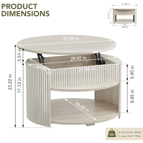 Round Lift Top Coffee Table with Storage, Fluted Mid-Century Modern Coffee Tables for Living Room, with Hidden Compartment & Open Shelves, for Small Spaces & Home Office(31.5" White Oak)