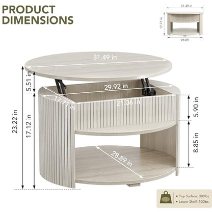 Round Lift Top Coffee Table with Storage, Fluted Mid-Century Modern Coffee Tables for Living Room, with Hidden Compartment & Open Shelves, for Small Spaces & Home Office(31.5" White Oak)