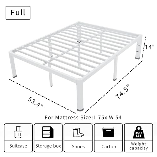 14 Inch Full Bed Frame Metal White with Rounded Corner Mattress Baffle, view 3
