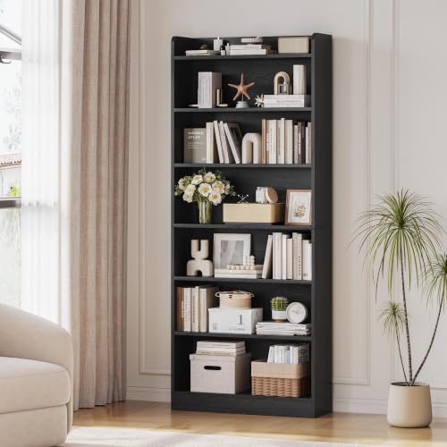 Yaheetech 7-Tier Open Bookcase and Bookshelf, Modern Simple Floor Standing Display Storage Shelves with Top Open Compartment for Home Office, Study, Living Room - Black
